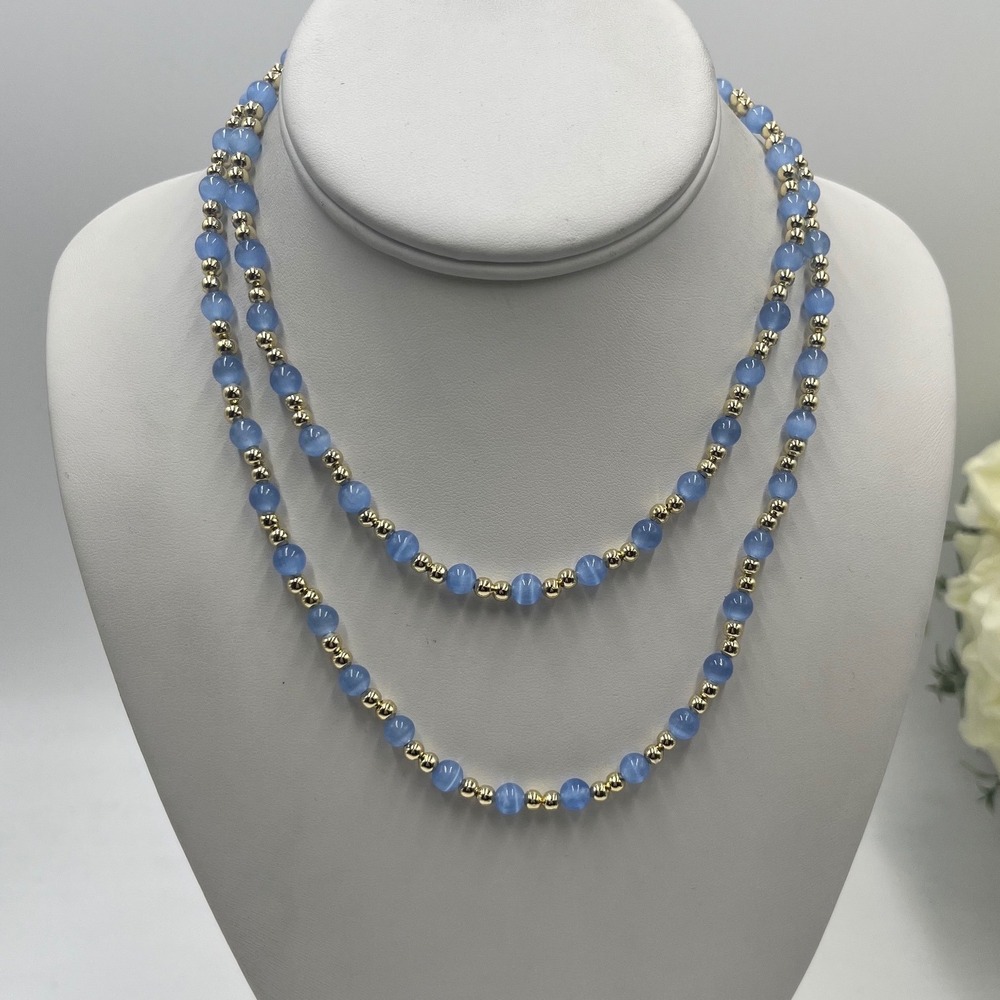 Natalie Wood Signed Long 32" Blue Chalcedony‎ Round Beaded Necklace New